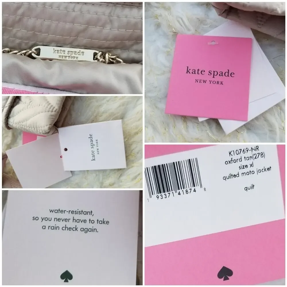 Kate Spade Quilted Moto Jacket Size XL Tan Hooded Coat Water Resistant New